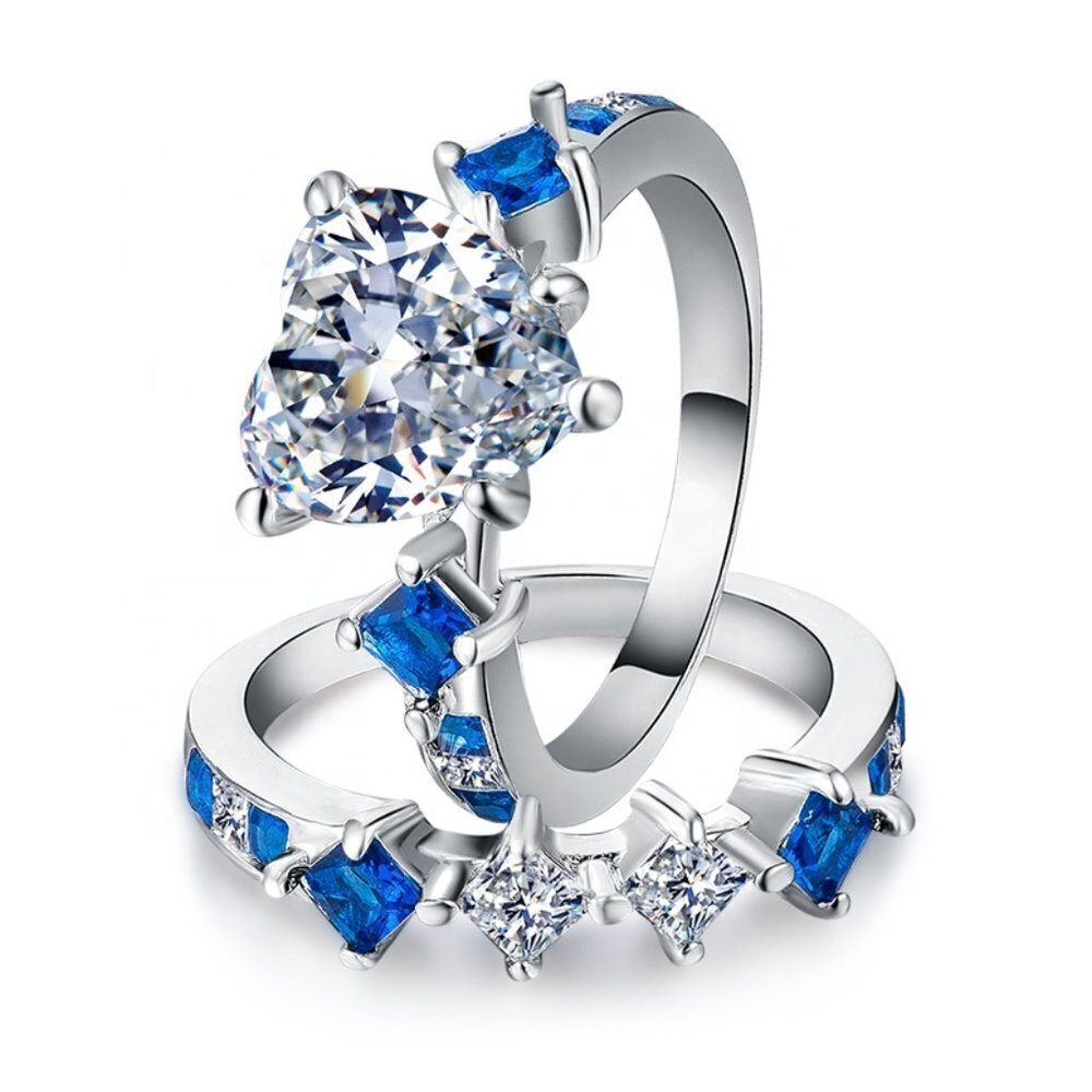 925 Silver Plated Blue 2 PCs Heart CZ Couple Ring, MLNN1011